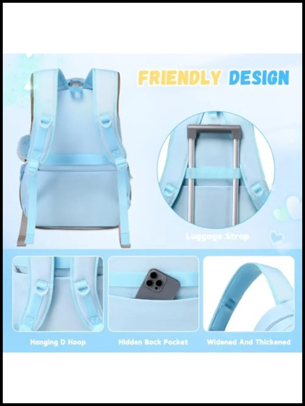 Cute Kawaii Backpack for Girls School, 17 Inch Bowknot Bookbag with Heart